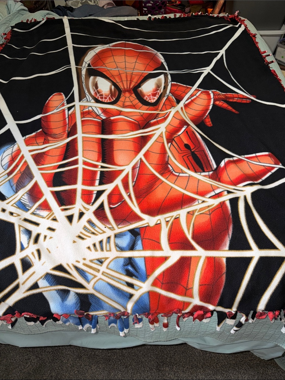 BIG Spider-Man Printed Fringe Fleece Blanket / Rag tied 56 x70
